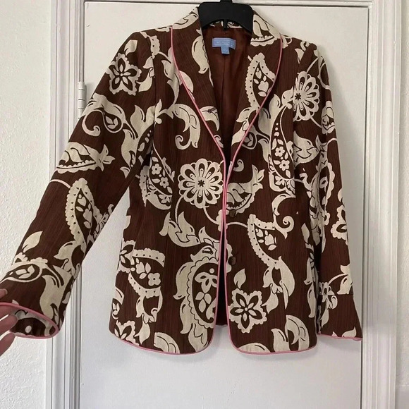 J. McLaughlin Blazer Brown Floral Pink Outline Boho Paisley Sz 2 - Picture 3 of 8